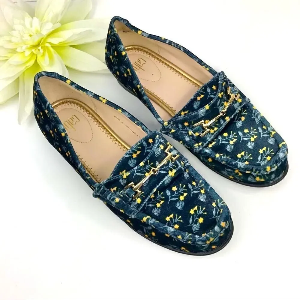 Cabi Carnaby Blue Velvet Floral Slip On Penny Loafer